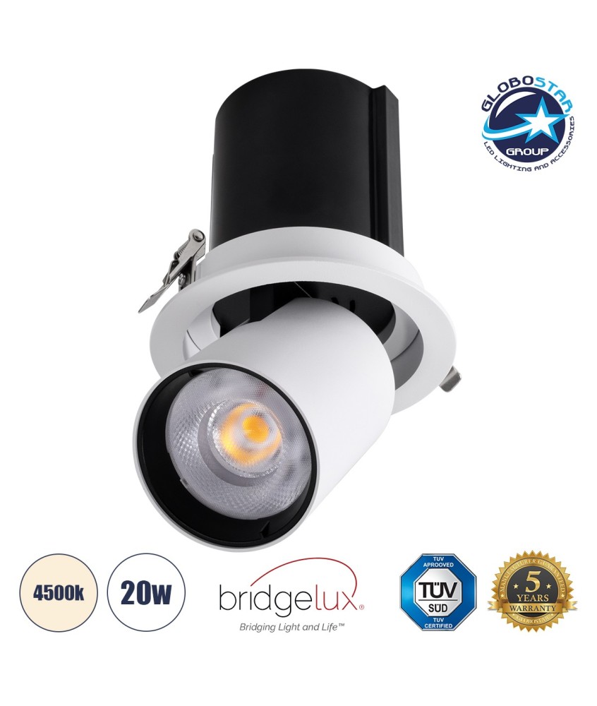 GLOBOSTAR® VIRGO-B 60310 Χωνευτό Κινούμενο Downlight Σποτ LED 20W 2600lm 36° AC 220-240V IP20 Φυσικό Λευκό 4500K - Bridgelux COB Chip & TÜV SÜD Driver - Λευκό & Μαύρο Ματ - Μ13.5 x Π13.5 x Υ14cm - Q11.5cm - 5 Χρόνια Εγγύηση